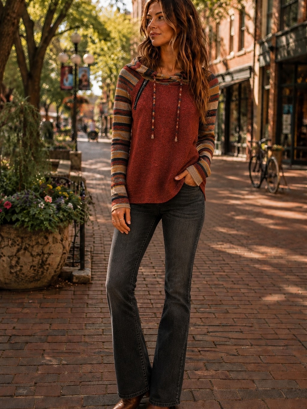 ANDTHEWHY Women’s M Rust Striped Raglan Hoodie Sweater Boho Asymmetrical Zip